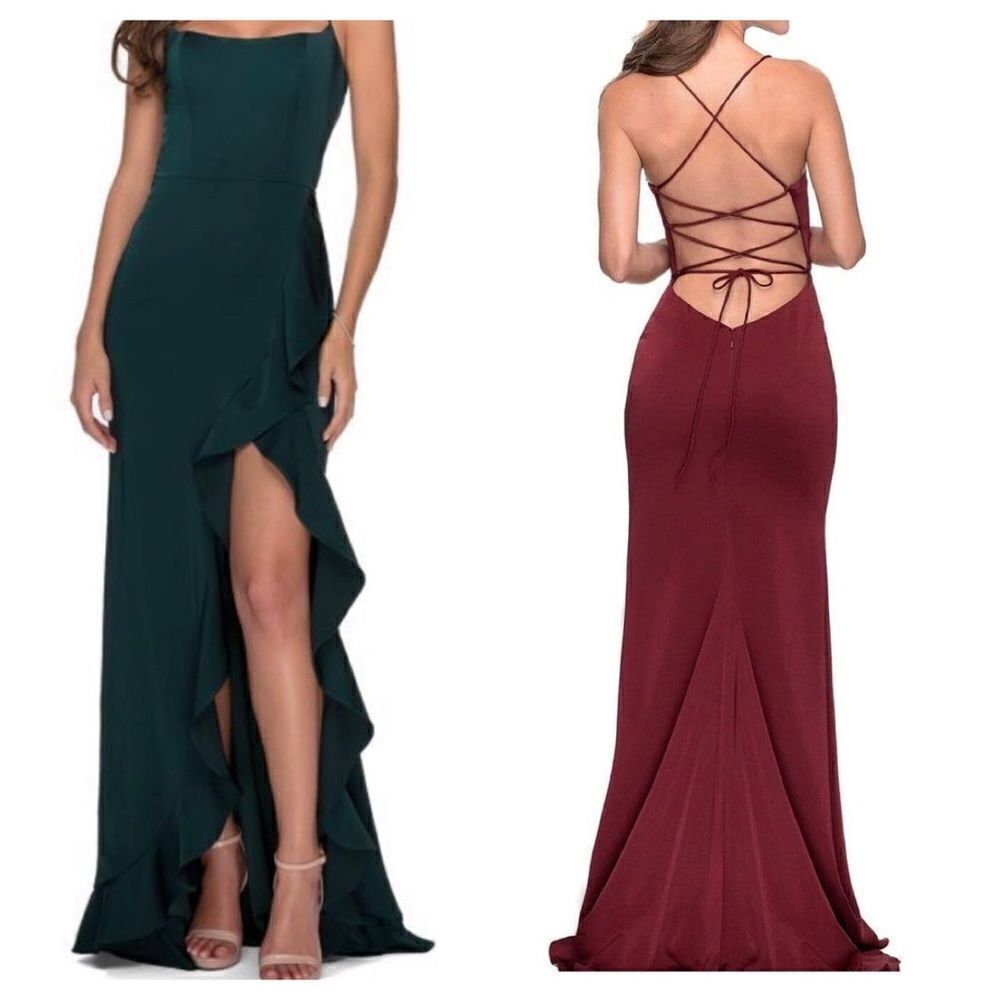 La Femme Lace-Up Open Back Ruffle  Prom Dress